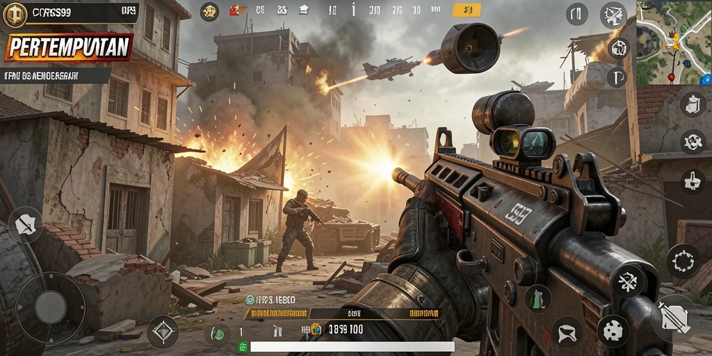 Tampilan gameplay menegangkan dengan aksi tembak-menembak intens.