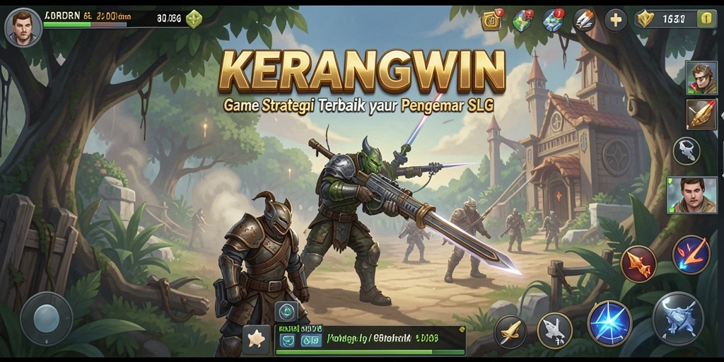 Screenshot gameplay KERANGWIN menunjukkan pertempuran yang mendebarkan dan pembangunan kerajaan.