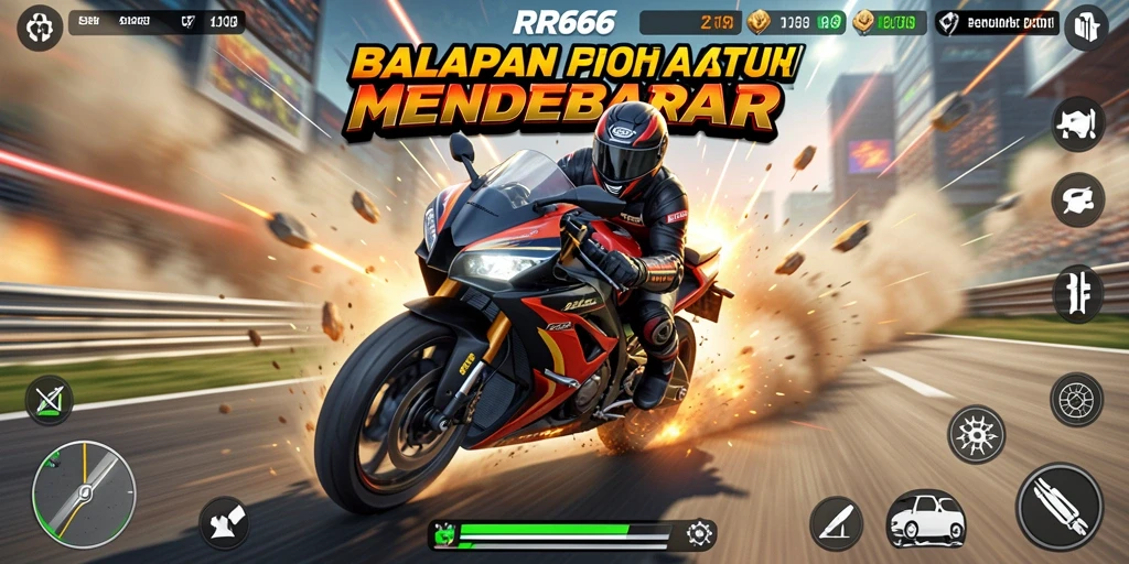 Tangkapan layar utama RR666 menunjukkan aksi balapan motor yang mendebarkan.